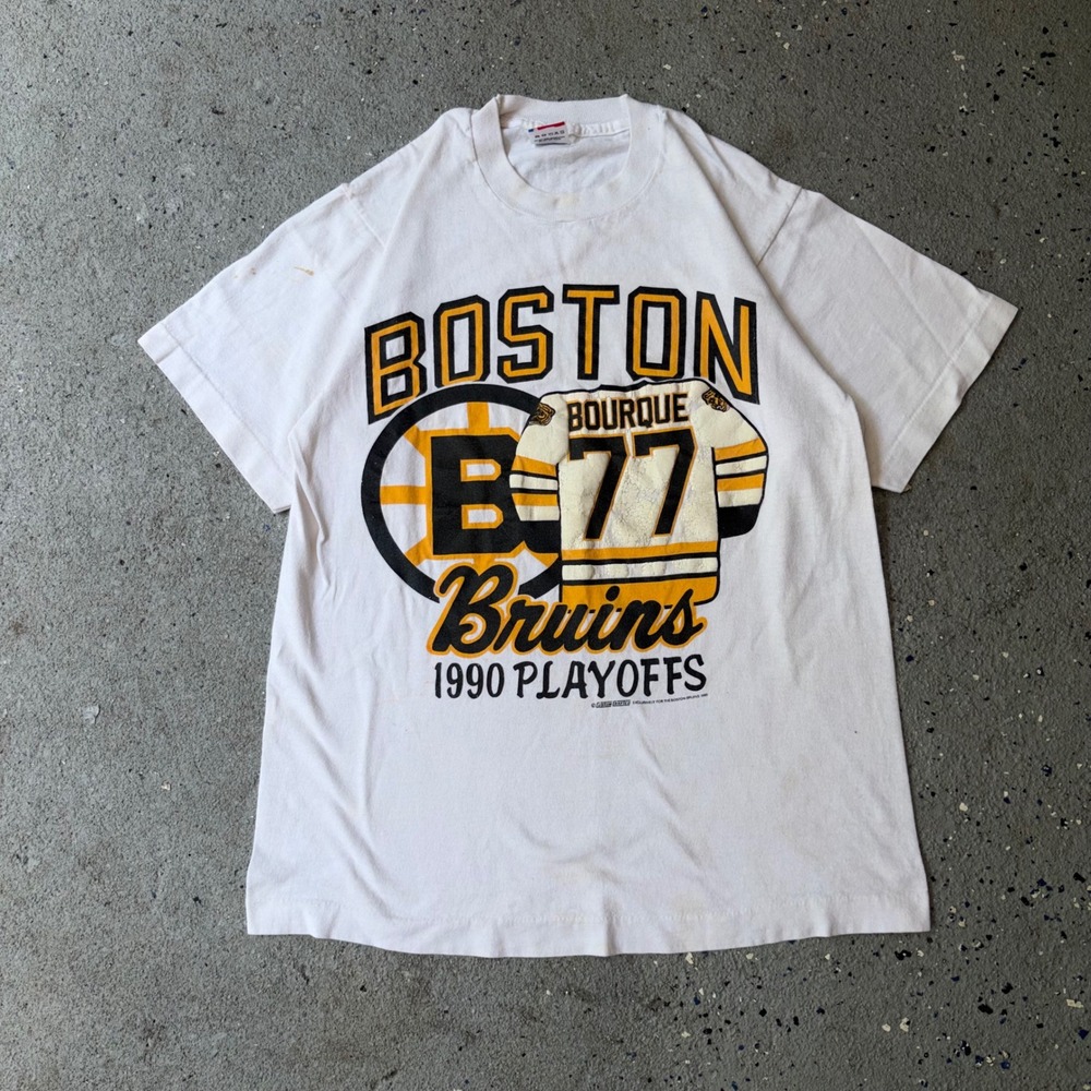 Vintage 1990 Boston Bruins Ray Bourque 77 Playoffs T-Shirt Fruit of the Loom M